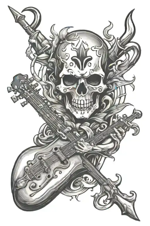 A skull with devil horns and musical instruments as crossbones tattoo design idea