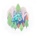 A mystical forest scene with hidden Dnd dice among the trees, and a subtle rune pattern in the background tattoo design idea