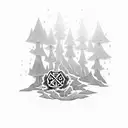 A mystical forest scene with hidden Dnd dice among the trees, and a subtle rune pattern in the background tattoo design idea