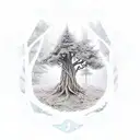 A mystical forest scene with hidden Dnd dice among the trees, and a subtle rune pattern in the background tattoo design idea