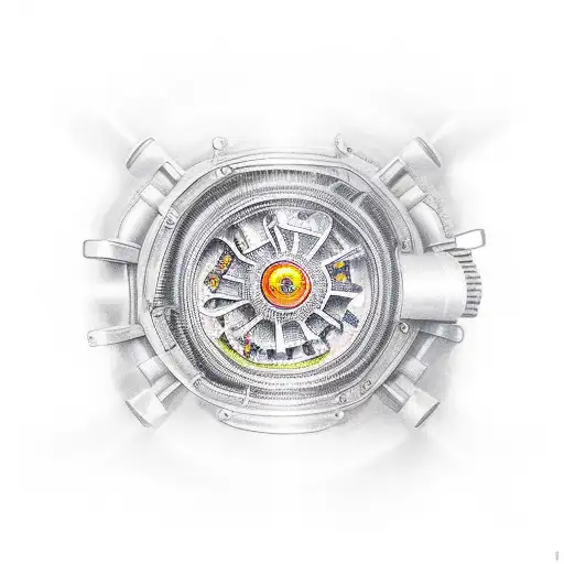 Inside engine, a piston and valves in the exchaust steokw with burning gases tattoo design idea