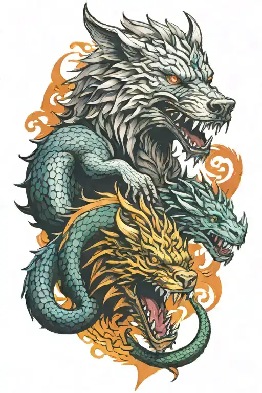 Dire wolf and a dragon intertwined tattoo design idea