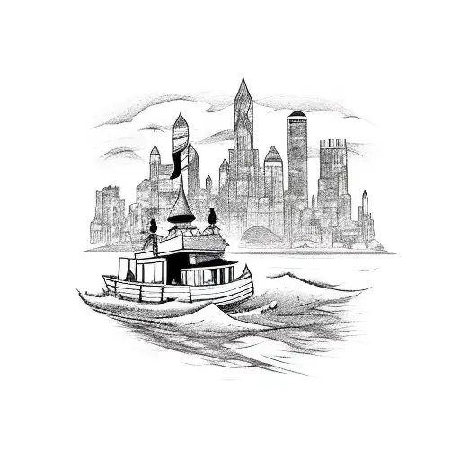 A Disney's steamboat Willie sailing on a river with a city skyline in the background tattoo design idea