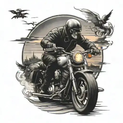 Biker harley from back driving into sundown i meant tattoo design idea