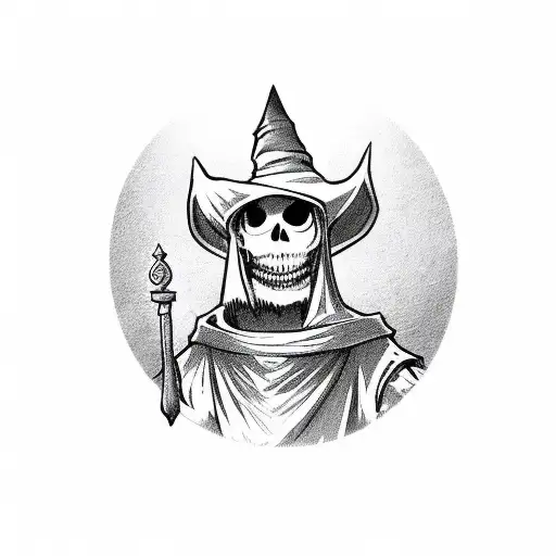 cartoon skeltion with wizard robe and hat holding potion bottle  portait tattoo design idea