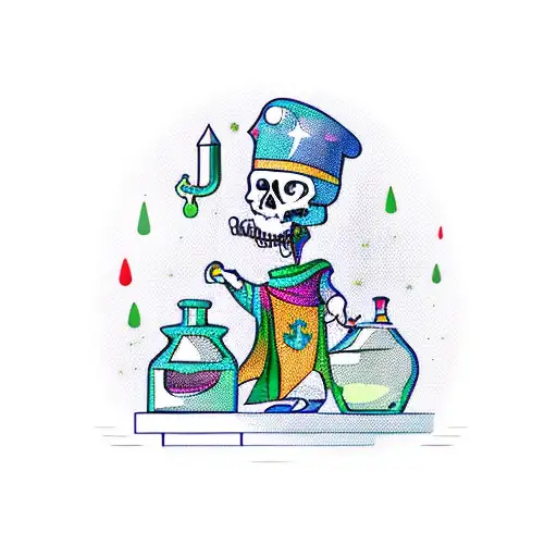 cartoon skeltion with wizard robe and hat holding potion bottle  portait tattoo design idea