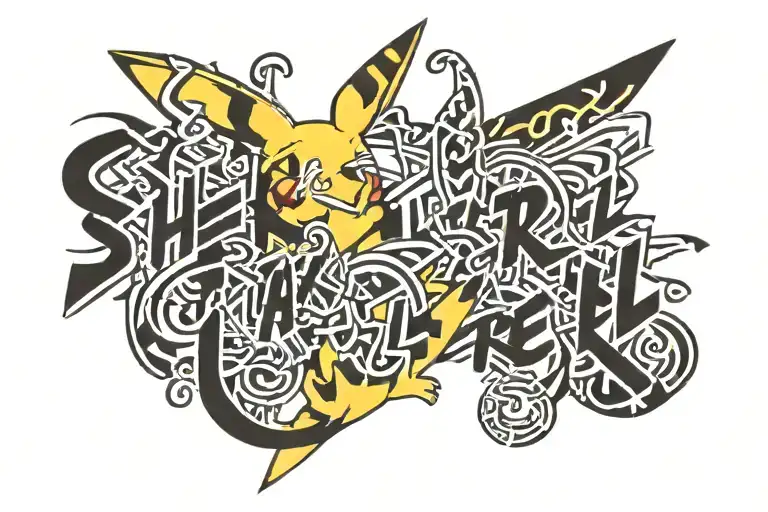 Pikachu with the word "Sherel" camouflaged on the body tattoo design idea