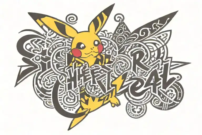 Pikachu with the word "Sherel" camouflaged on the body tattoo design idea