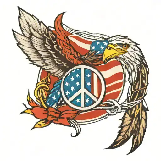 American flag intertwined with a peace sign and eagle feathers tattoo design idea