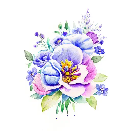 watercolor flower bouquet with violets, marigolds, and peonies tattoo design idea