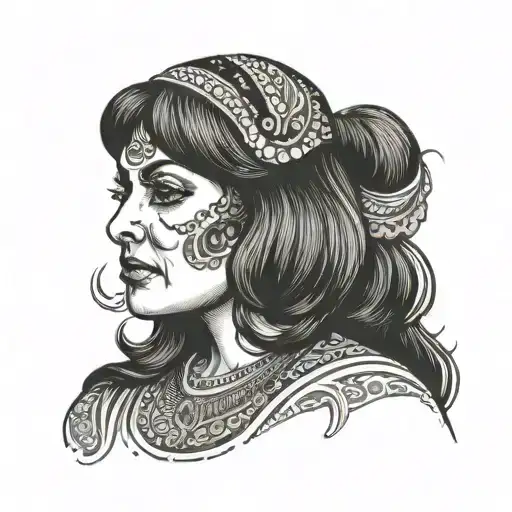 Middle aged arab woman, 50 years old, curvy body, brunette hair with bangs tattoo design idea