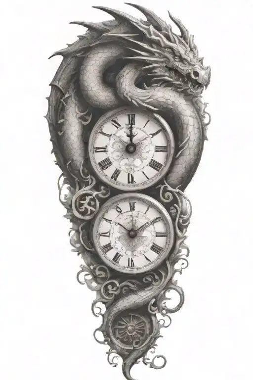 a long dragon and a clock tattoo design idea