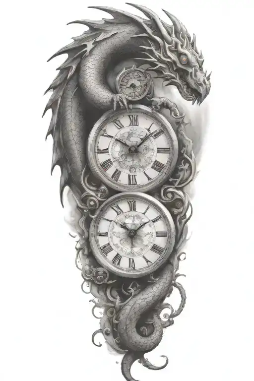 a long dragon and a clock tattoo design idea