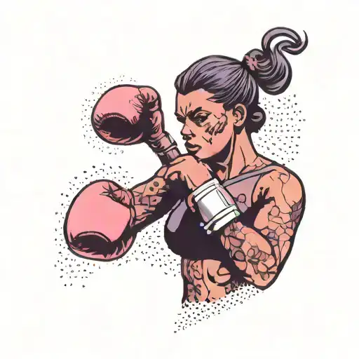 A powerful female boxer silhouette in dotwork style with pink and purple accents tattoo design idea
