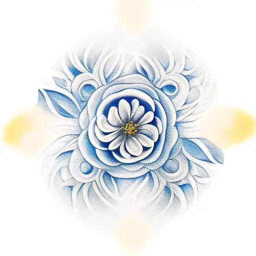 five branch white flower, deep blue background, gold around it, date 23/08/1930 somewhere around or in it tattoo design idea