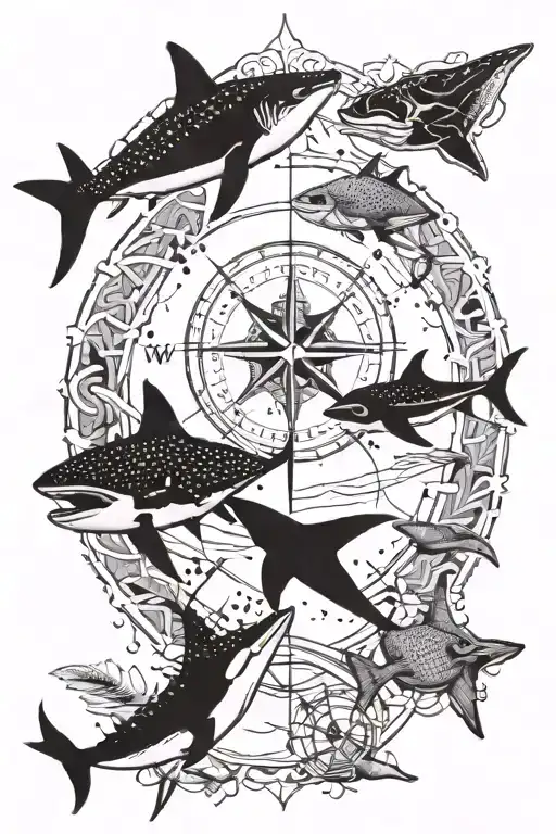 arrow compass whale shark and manta ray swimming tattoo design idea