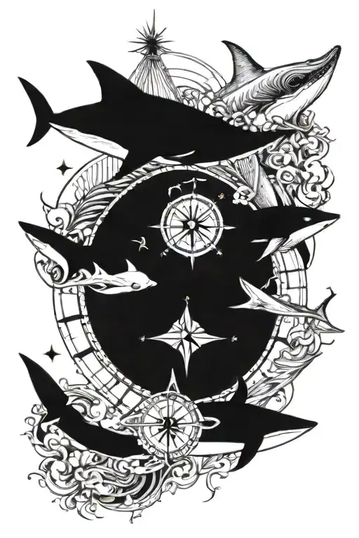 compass arrow 1 shark whale and 1 manta ray tattoo design idea