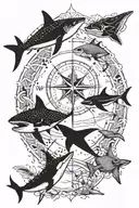 arrow compass whale shark and manta ray swimming tattoo design idea
