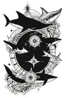 compass arrow 1 shark whale and 1 manta ray tattoo design idea