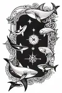 compass arrow 1 shark whale and 1 manta ray tattoo design idea