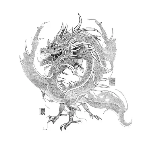 A cyberpunk-inspired Japanese dragon breathing neon fire tattoo design idea