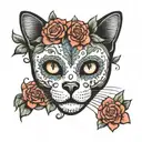 A sugar skull of a cat with flowers  tattoo design idea