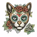 A sugar skull of a cat with flowers  tattoo design idea