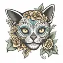 A sugar skull of a cat with flowers  tattoo design idea
