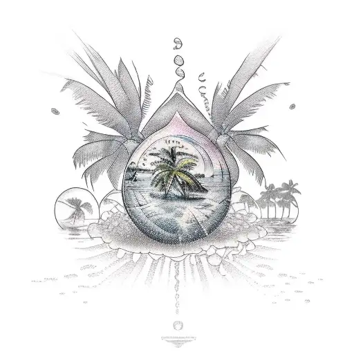 water turtel with snad and palm trees and sunset tattoo design idea