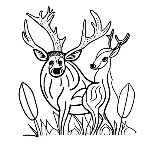 Deer with a wild boar in a forest with flowers tattoo design idea