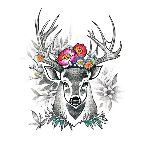 Deer and a wild boar in a forest with flowers tattoo design idea