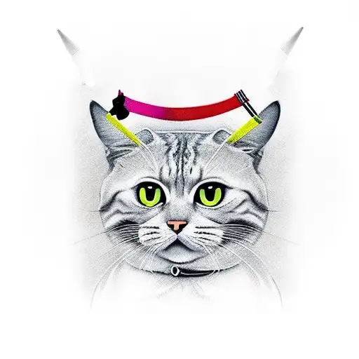 gato samurái mirado de manera lateral con una katana y un traje japonés. Estilo kill bill tattoo design idea