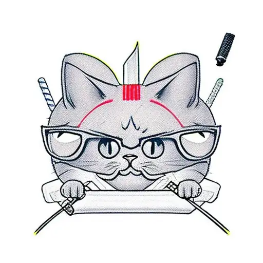 gato samurái en posición de pelea con una katana y un traje japonés. Estilo kill bill tattoo design idea