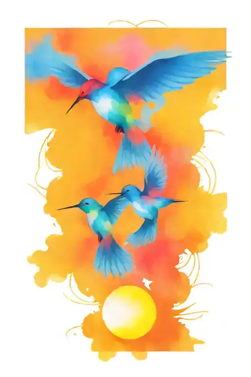 Humming birds flying with the sun in the back ground tattoo design idea