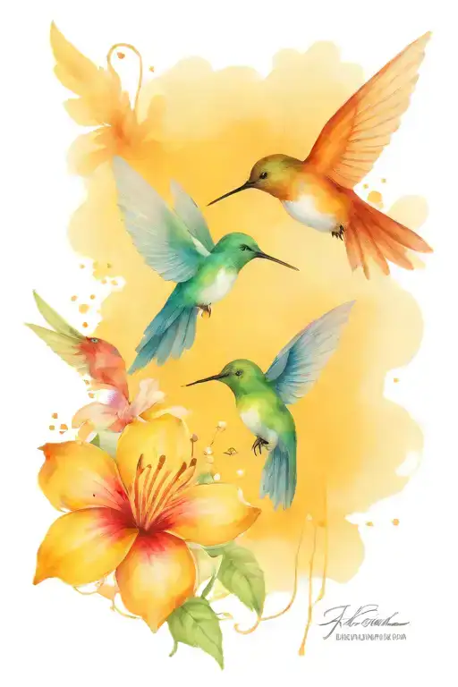 Humming birds flying with the sun in the back ground tattoo design idea