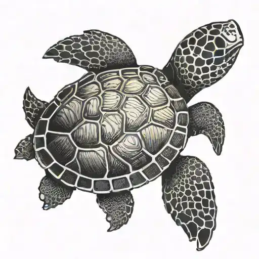 A dotwork tattoo of a seaturtle with a sunset shell pattern, blending the beauty of nature with the beach sunset theme tattoo design idea