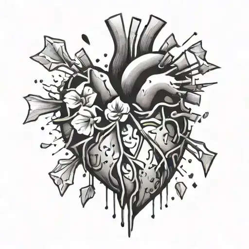 A broken heart with shattered pieces falling apart, symbolizing the pain of lost love and longing for a girl tattoo design idea