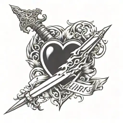 A dagger piercing through a heart with a girl's name engraved on it, surrounded by flames symbolizing the burning hatred and regret in love tattoo design idea