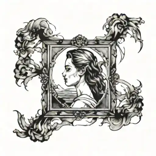 A broken mirror reflecting a girl's image, surrounded by dark clouds of regret tattoo design idea