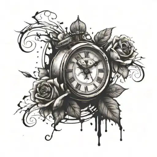 A clock with shattered glass and wilted roses, symbolizing the passage of time and lost love tattoo design idea