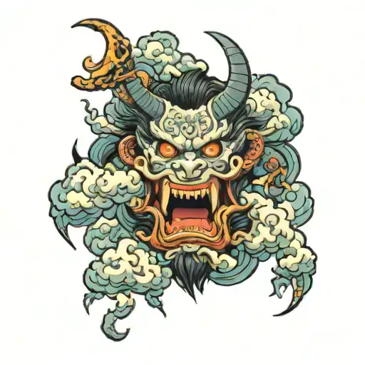 clouds, sakura tree, lightning, oni demon tattoo design idea