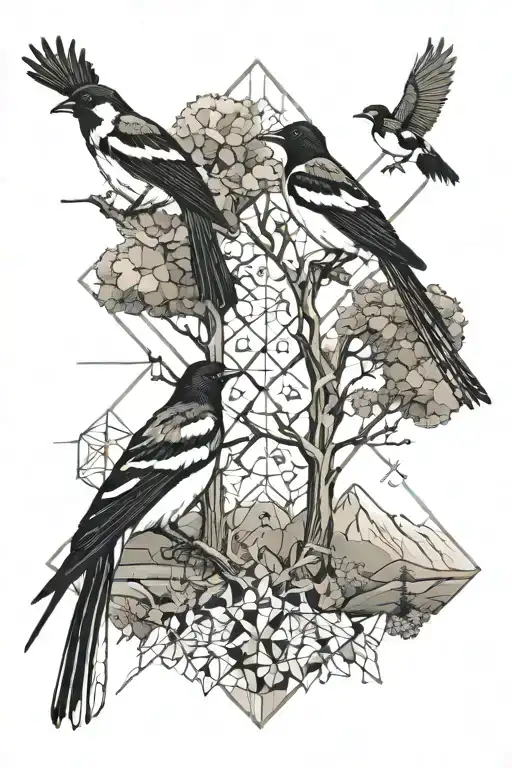 geometric design with 2 magpies a tree and mountain backdrop tattoo design idea