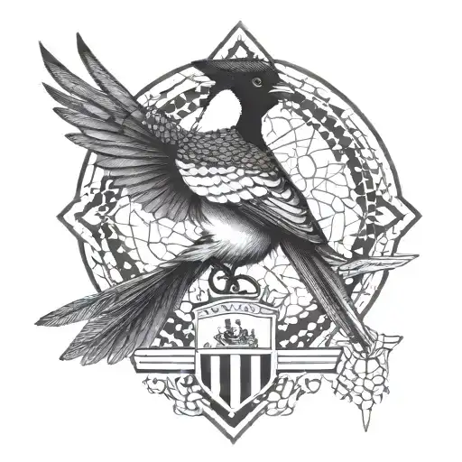 Create a geometric design incorporating a magpie and the St James Park stadium tattoo design idea