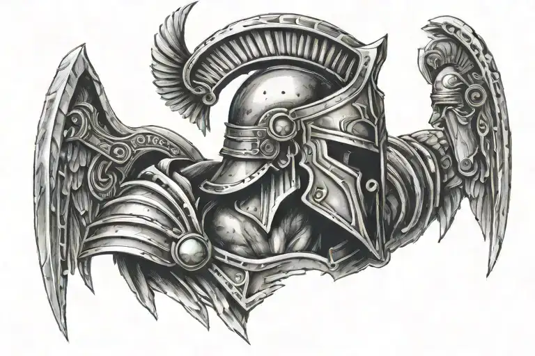 - The Greek God Ares facing backwards with a uneven scar along his spine, wearing his helmet with the roman numerals XI. tattoo design idea