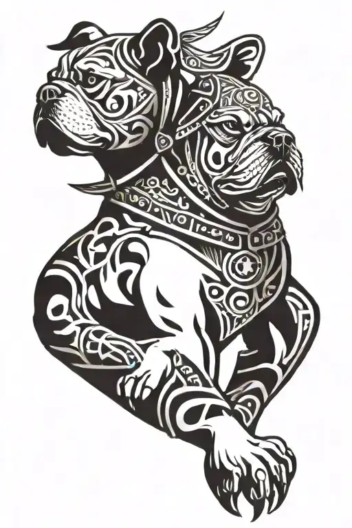 A tattoo design combining elements of Hungarian ancestry with Viking culture, featuring a bulldog adorned with steel armor and wooden shield, set against a historical backdrop tattoo design idea