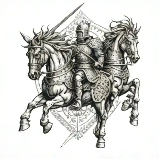 A tattoo design incorporating Hungarian warrior motifs with steel and wood elements, inspired by historical battles and Catholic symbolism tattoo design idea