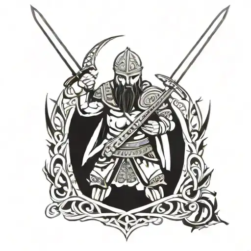 A tattoo design showcasing a Hungarian warrior wielding a steel sword, with intricate timber frame details and Catholic symbols in the background tattoo design idea