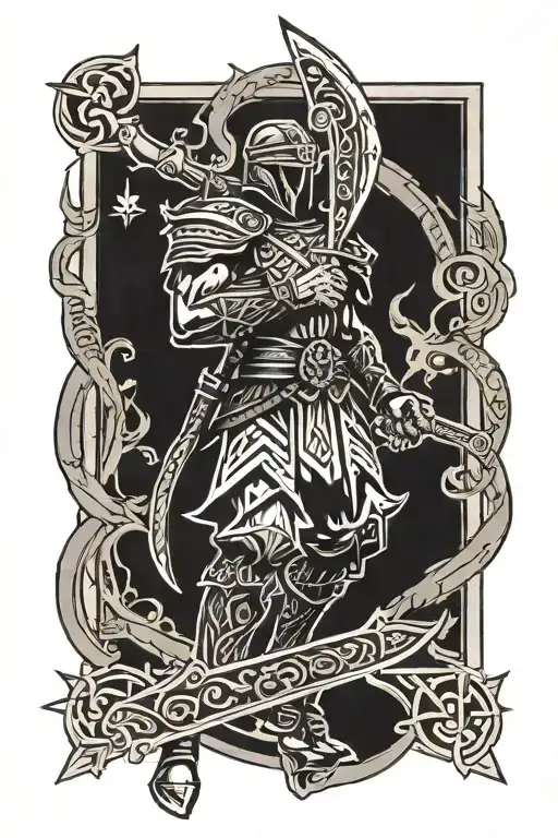 A tattoo design showcasing a Hungarian warrior wielding a steel sword, with intricate timber frame details and Catholic symbols in the background tattoo design idea