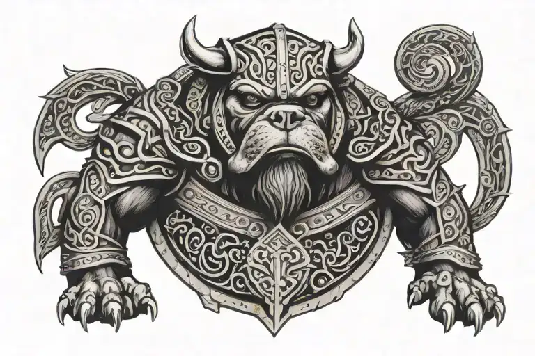 Hungarian ancestry Viking Pagan bulldog steel armor wooden shield tattoo design idea