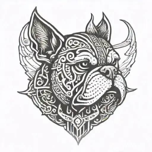 A tattoo design combining elements of Hungarian ancestry with Viking culture, featuring a bulldog adorned with steel armor and wooden shield, set against a historical backdrop tattoo design idea